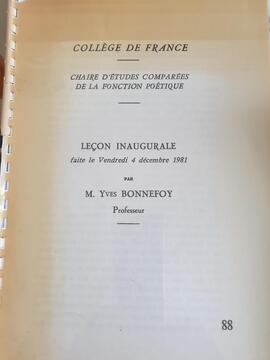 Leçon inaugurale d'Yves Bonnefoy au Collège de France le 4 décembre 1981