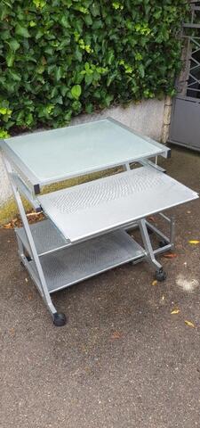 bureau plateau verre aluminium ordinateur - sur roulettes - avec tablette coulissante