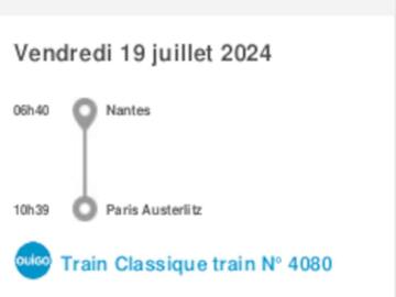 2 Billets de train Nantes - Paris 19/07
