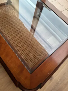 table basse bois, verre et cannage
