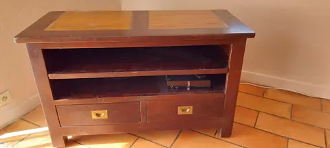 meuble tv télé 2 tiroirs bois teck