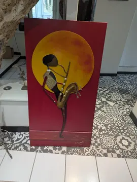 Tableau signé cadre sculpture 127x68cm bois saxophone musicien jazz