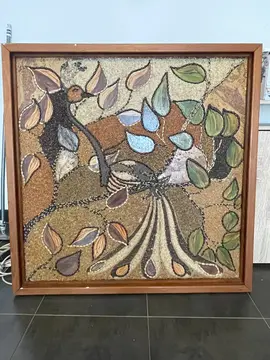 tableau en graine et peinture, paon, vintage.
