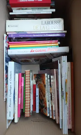 Livres par lots : poterie, cuisine, romans.