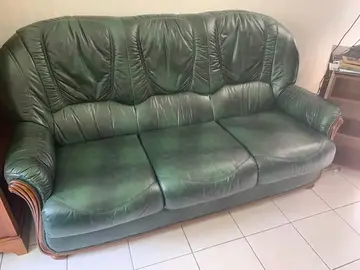 canapé en cuir vert +2 fauteuils