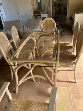 table rotin verre, chaises et buffet