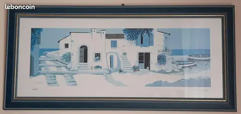 Tableau dessin sous cadre verre 36 x 78 cm Maison blanche en bord de mer C Lipari