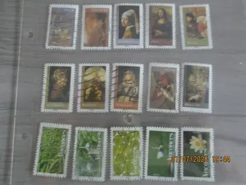15 timbres oblitérés France "oeuvres d'art" et "vacances"