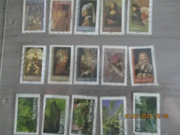 15 timbres oblitérés France "oeuvre d'art" et "vacances"