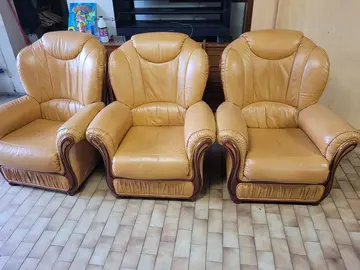 3 fauteuils cuir vachette couleur caramel