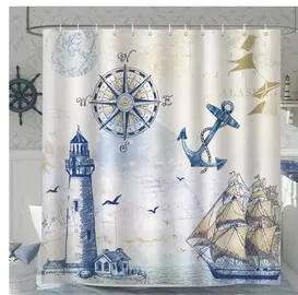 Rideau de Douche Nautique Phare Voilier Boussole Ancre 180 x 200 cm
