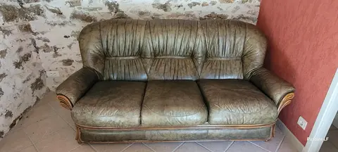 Canapé cuir vert + 2 fauteuils