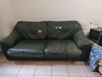 Canapé convertible en cuir vert (bien usé mais encore vaillant)
