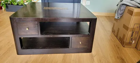 table de salon en bois exotique, 80X80 cm, avec 4 tiroirs et deux tablettes