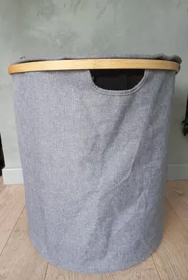 Panier à linge rond en bois et tissu - Gris - 30 cm
