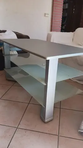 Meuble télé ou table basse Inox et planches en verre
