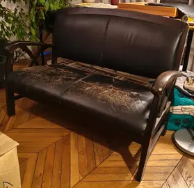 Canapé / Banquette en bois et cuir noir