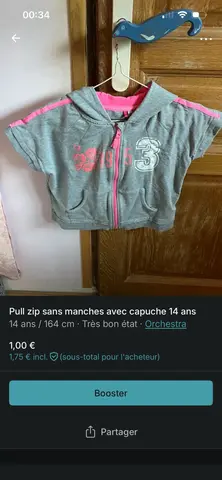 Sweat à capuche avec zip sans manche 14 ans