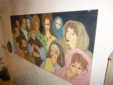 TABLEAU SUR BOIS PERSONNAGES BIBLIQUES - 2 m 50 sur 1 m 22. PEINTRE CONTEMPORAIN