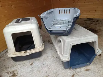 Lot litière et boîtes de transport chat