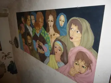 TABLEAU SUR BOIS PERSONNAGES BIBLIQUES - 2 m 50 sur 1 m 22