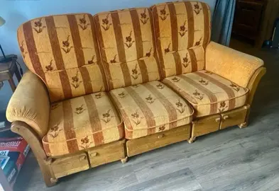 Canapé 3 places + 2 fauteuils, chêne massif et tissu