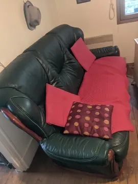 Canapé cuir vert et 2 fauteuils