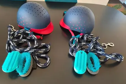 casques, longes et brosse pour équitation x 2