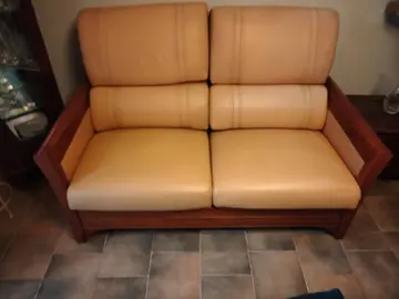 canapé 2 fauteuils cuir et bois Jacques Leleu