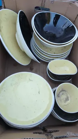 assiettes, plats et coupelles jaunes et noir