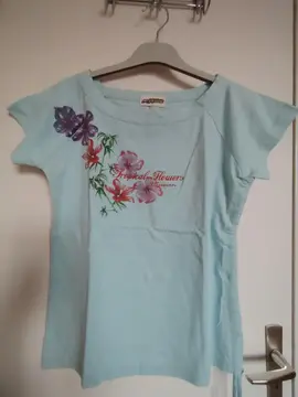 Tee-shirt coton "MISSION" bleu ciel motifs fleurs L (40/42)