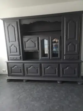 Living gris haut démontable 2 portes côté, 2 tiroirs, vitrine, bar, et bas 4 portes