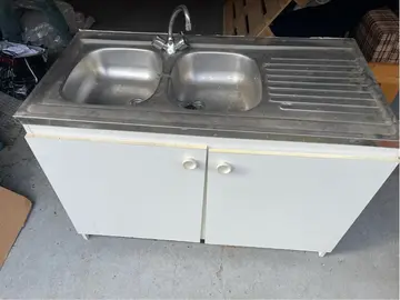 Bloc évier inox 2 bacs à poser (Benthor) + meuble et robinetterie