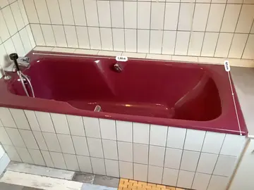 salle de bains bordeaux vintage (baignoire, lavabo, wc, paroi de douche, miroir, robinetterie)