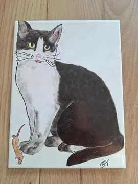 Plaque décorative porcelaine avec Chat et Souris peinte main