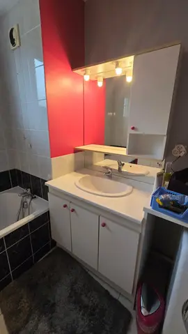 meuble salle de bains : lavabo, meuble, miroir, éclairage