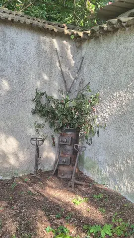 un vieux poêle à charbon et 2 chenets