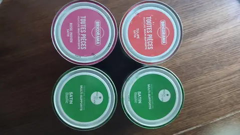 4 pots de peinture satin entamés (vert, rose, tulipe)