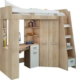 Lit Mezzanine avec Bureau, Armoire et Rangements