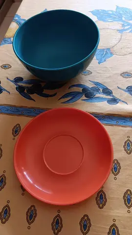 1 assiete de petit déjeuner orange etî bol vert en plastique