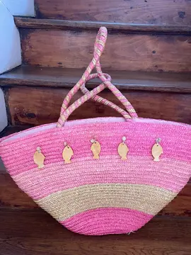 Sac en paille rose et blanc